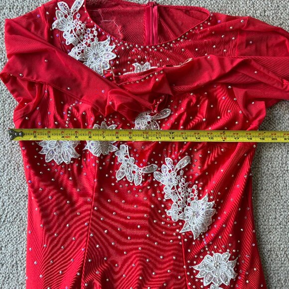 Red Sequin Lace Ballroom Dance Gown Mesh Sleeves L Holiday Glam Pageant Evening - Picture 15 of 16
